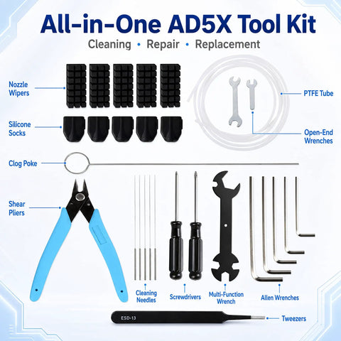 Top Shelf 3D Printer Tool Kit Featuring Slick Nozzle Cleaning Brushes And Heavy Duty Clog Poke Needles For Spotless Hotend Care and Hassle Free Daily Maintenance Gear, 3D printer maintenance tools arranged neatly.