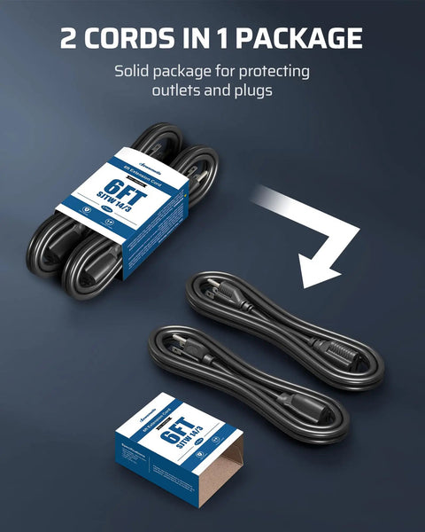 Heavy Duty 6ft Weatherproof Extension Cord 14 3 SJTW Indoor Use 3 Prong Power Cable Black ETL Listed 2 Pack packaging