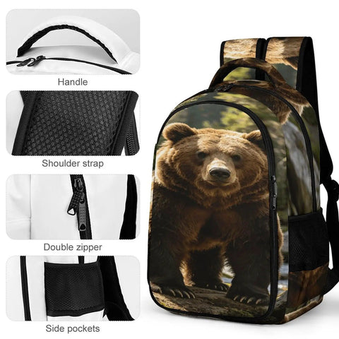 Stream Brown Bear Printed Unisex Backpack With Large Capacity, featuring handle, shoulder strap, double zipper, and side pockets.
