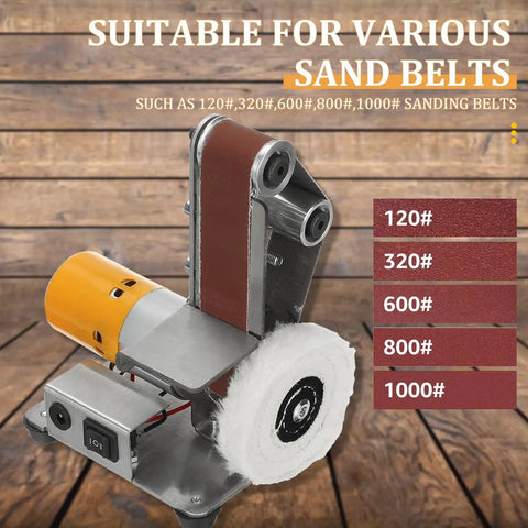 Hardcore Mini Belt Sander Workhorse Featuring Seven Variable Speed Controls with sand belt sizes for polishing and sharpening.
