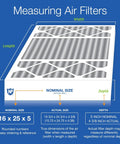 Diagram displaying Replacement 16x25x5 Air Filter MERV 12 Plus Carbon, actual size 15.75 x 24.75 x 4.38, dimensions labeled.