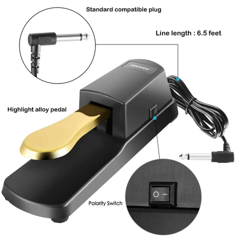 Universal Sustain Pedal For Electronic Keyboards And Digital Pianos With Chrome Foot Pedal Gold Finish Heavy Duty Mechanism And Ultra Compact Design