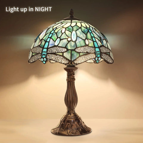 Dragonfly Tiffany Style Table Lamp With Stained Glass Shade, Bronze Base, 18 Inch Tall Bedside And Desk Light, illuminated