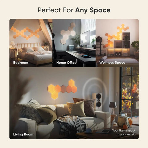 Wood Look Hexagon Smart Wall Lights That Sync With Alexa And Google Assistant in various room settings, 3-panel setup visible