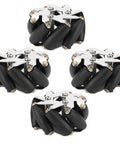 Four 48mm mecanum wheel modules with black rollers and silver mounting plates for robot car