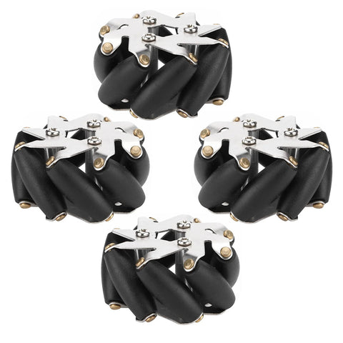Four-piece 48mm steel mecanum wheel set for robots with TPR rollers, offering omnidirectional and 360-degree movement, 3kg load capacity