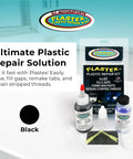 Plastic Repair Kit For Home DIY Fixes Glue Cracks And Gaps In Plastic Fiberglass And Wood, with bottles and tools displayed