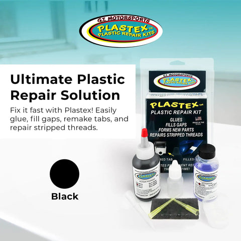 Plastic Repair Kit For Home DIY Fixes Glue Cracks And Gaps In Plastic Fiberglass And Wood, with bottles and tools displayed