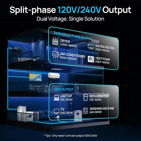 Diagram of Off Grid Solar Panel Kit For Home With 10kW Inverter And 120V 240V Split Phase Power Output 48V Battery Storage showing appliance compatibility