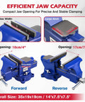 Heavy Duty 6 Inch Bench Vise With Jaw Pads And Anvil For Woodworking Drilling And Pipe Cutting 360 Degree Swivel Locking Base 4500 Lbs Clamping Force Beast Mode Strength, dimensions and features shown.