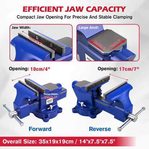 Heavy Duty 6 Inch Bench Vise With Jaw Pads And Anvil For Woodworking Drilling And Pipe Cutting 360 Degree Swivel Locking Base 4500 Lbs Clamping Force Beast Mode Strength, dimensions and features shown.
