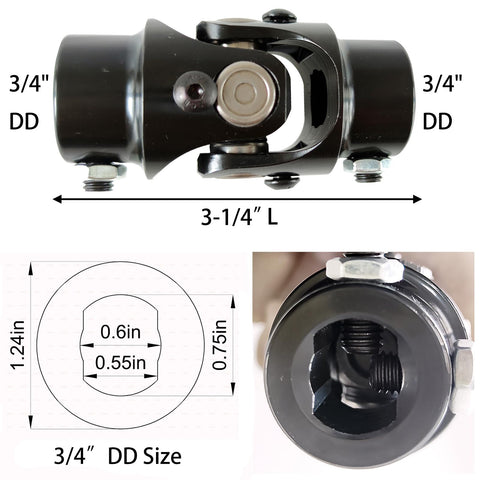 Three Quarter Inch Double D U Joint For Steering Shaft, Black Universal U Joint With 35 Degree Max Angle, Easy Install With Set Screws