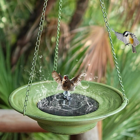 Solar Powered Hanging Bird Bath Fountain With Metal Bowl Bubbler For Outdoor Gardens And Patio Decor 30 Inch High Bird Water Feature Sun Driven Water Sprayer That Attracts Birds And Adds Yard Vibes