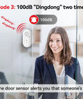 Woman in office with Door Window Alarms 5 Pack 125dB With Volume Control Wireless Sensors, demonstrating 100dB mode with alert.