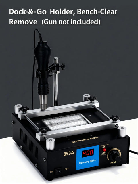Pro Grade BGA Rework Station with Preheating Oven and Hot Plate, featuring digital display and hot air gun holder