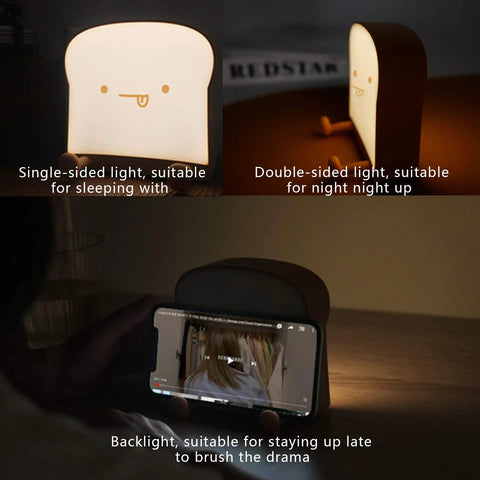 Cool Toast Bread LED Night Light With Rechargeable Battery Portable Bedside Lamp featuring single and double-sided modes