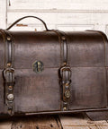 Vintage wooden chest with metal hinges and latches, featuring a retro bronze box hinges and latch kit for secure closure.