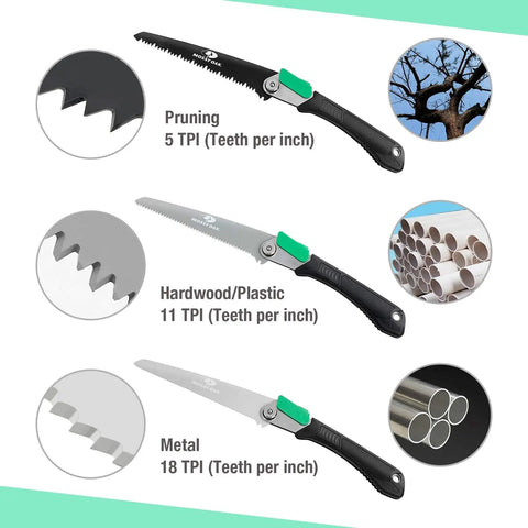 3 In 1 Folding Saw With Wood Metal And PVC Blades For Camping Backpacking Hunting And Bushcraft Pruning Hand Saw With Pouch Included And Quick Change Blade System For Easy Swaps In The Field