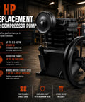 Heavy Duty Two Cylinder Cast Iron Air Compressor Pump Built Tough To Knock Any Job Out Delivering 2 Horsepower And Smooth 5.5 Scfm Flow Fits Up To 40 Gallon Tanks For Shop in a workshop setting.