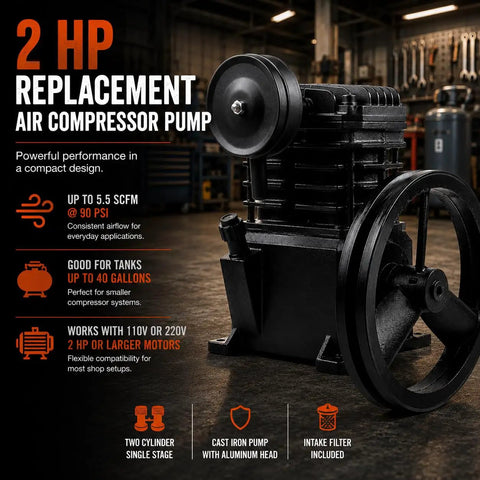 Heavy Duty Two Cylinder Cast Iron Air Compressor Pump Built Tough To Knock Any Job Out Delivering 2 Horsepower And Smooth 5.5 Scfm Flow Fits Up To 40 Gallon Tanks For Shop in a workshop setting.