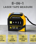No Fuss 8-In-1 Laser Tape Measure With 328 Ft Rangefinder And 16 Ft Auto Lock Tape showing display and buttons on a gray surface.