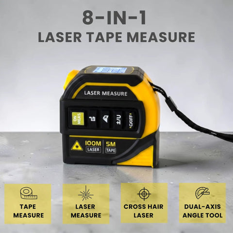 No Fuss 8-In-1 Laser Tape Measure With 328 Ft Rangefinder And 16 Ft Auto Lock Tape showing display and buttons on a gray surface.