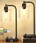 Set Of 2 Industrial Table Lamps With USB C And USB A Ports And Outlet, Fully Stepless Dimmable Bedside Lamps For Bedrooms with glass shade
