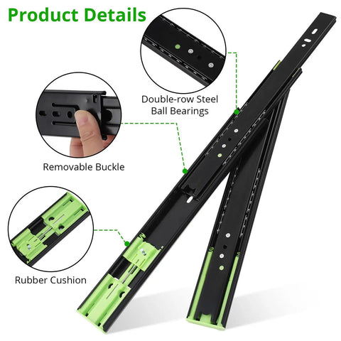 Heavy Duty Drawer Slides 14 Inch Full Extension Side Mount 100 Lb Per Pair Ball Bearing Steel Rails shown with removable buckle and rubber cushion