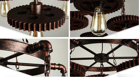 7-Head Farmhouse Chandelier Rustic Industrial Pendant Light For Restaurants, Bars, And Coffee Shops - metal gear detail