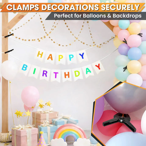 36 Pack Balloon Arch Clips With Heavy Duty Spring Clamps For Party Decor Durable 3.4 Inch Backdrop Clips Reusable Balloon Holder Grips For Archways Photo Backdrops And Epic Event Setups. Balloon arch clips securing pastel balloons and birthday backdrop.