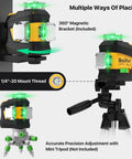 360 Self Leveling Green Cross Line Laser Level for Construction and Picture Hanging, Rechargeable Battery Lasts Up To 30 Hours, Remote Control, Magnetic Bracket, Portable Carry Bag, Pro Grade Precision at 16 Feet. 360° magnetic bracket and 1/4"-20 mount thread on tripod