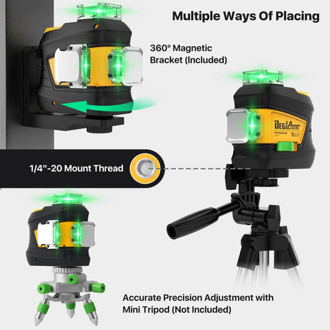 360 Self Leveling Green Cross Line Laser Level for Construction and Picture Hanging, Rechargeable Battery Lasts Up To 30 Hours, Remote Control, Magnetic Bracket, Portable Carry Bag, Pro Grade Precision at 16 Feet. 360° magnetic bracket and 1/4"-20 mount thread on tripod