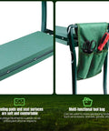 Foldable Garden Kneeler Seat With Handles And Tool Bags showing EVA foam padded bench and attached tool bag with gardening tools
