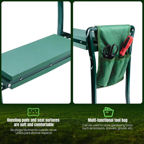Foldable Garden Kneeler Seat With Handles And Tool Bags showing EVA foam padded bench and attached tool bag with gardening tools