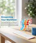 Acrylic Label Dispenser With Adjustable Three Slots For Shipping And Fast Paced One Hand Loading For Printing Shops DIY Areas And Busy Ecommerce Workflows A Reliable Label Roll Holder And Tape Storage Solution on desk