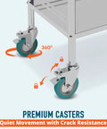 Improved Medical Stainless Steel Two Tier Rolling Cart With Wheels And Drawers, focus on premium locking casters with 360-degree rotation.