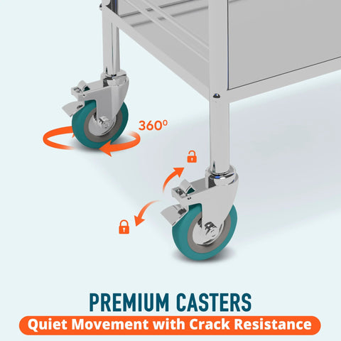 Improved Medical Stainless Steel Two Tier Rolling Cart With Wheels And Drawers, focus on premium locking casters with 360-degree rotation.