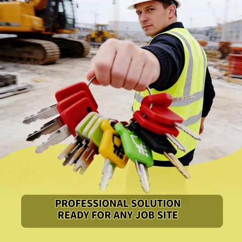 Pro Grade Heavy Equipment Keys Master Set for Construction Machines Ignition Keys held by worker on site.