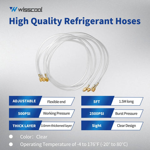 WISSCOOL 1/4 in refrigerant charging hoses, clear, set of 3, 5 ft long with brass flare fittings.