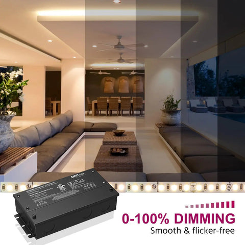 60W Dimmable LED Driver For 24V Systems, Triac And 0 To 10V Dimming, Power Supply For LED Lighting, IP67 Waterproof shown in a modern room