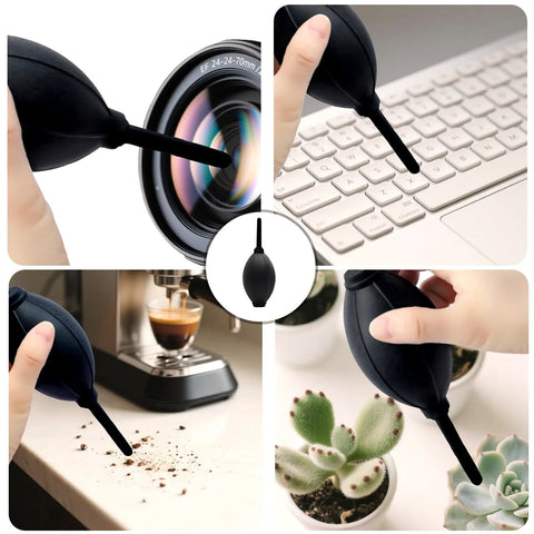 VVEASIER silicone air blower with nozzle; soft-tip cleaner shown in front, side, close-up on camera lens and keyboard