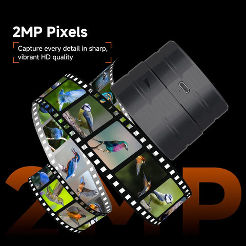 SC002 Wireless Electronic Eyepiece For 37mm To 56mm Scopes showing film strip with bird images and 2MP Pixels text