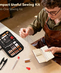 Man using Leather Sewing Kit 43 Piece All In One Set With Needle And Thread Sewing Awl Upholstery Repair Tools Heavy Duty