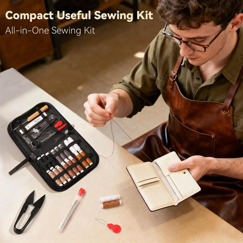 Man using Leather Sewing Kit 43 Piece All In One Set With Needle And Thread Sewing Awl Upholstery Repair Tools Heavy Duty
