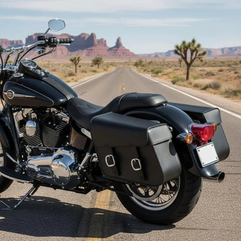 Universal Black Synthetic Leather Throw Over Motorcycle Saddlebags With Quick Release Buckles Waterproof Durable Panniers For Cruiser Touring Sport Chopper And Adventure Bikes installed on motorcycle