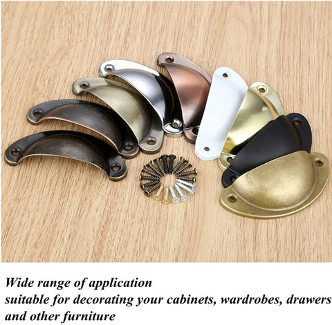 Assorted shell cup pulls, includes Antique Bronze Shell Cup Pulls Set Of 10 For Cabinets And Dressers With Screws 82mm By 35mm Center Distance 65mm Vintage Style Zinc Alloy Hardware For Kitchen Furniture Decoration Durable 2 Hole Mounting.
