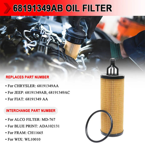 Engine Oil Filter With Oil Drain Gasket Compatible With Dodge Challenger, shown in mechanic's hand near engine.