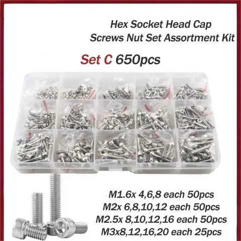 304 Stainless Steel Socket Head Cap Screws Kit With Allen Hex Drive Machine Bolts Nuts And Gaskets Full Assortment Sizes One Point Six To Five 650 Pcs Multi Size Fastener Set For Easy DIY Projects in plastic storage case