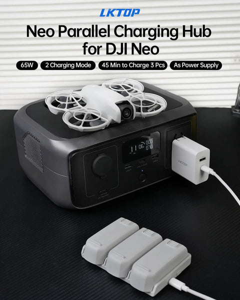 65W Neo Charging Hub for DJI shown charging drone batteries, featuring LCD screen and multiple ports, ideal for outdoor use.