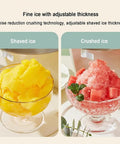 Shaved and crushed ice from Game Changer Countertop Ice Maker Machine, showcasing icy textures for drinks.